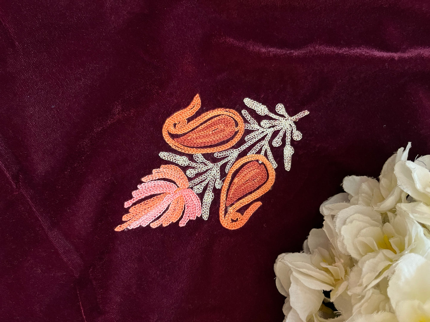 Wine Aari Embroidered Velvet 2pc Suit Material