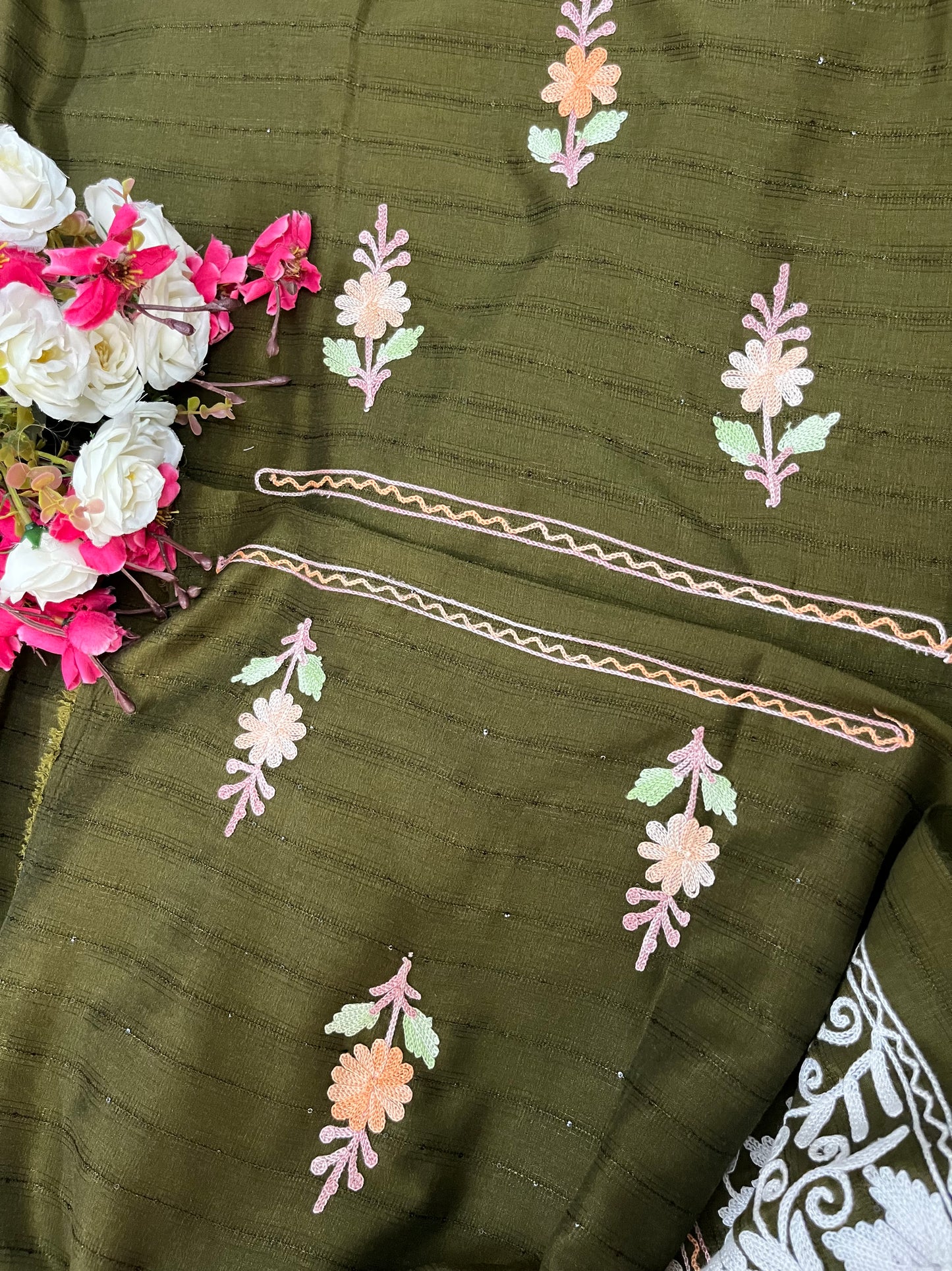 Henna Green Muslin Cotton Striped Pattern Unstitched Co-ord Set
