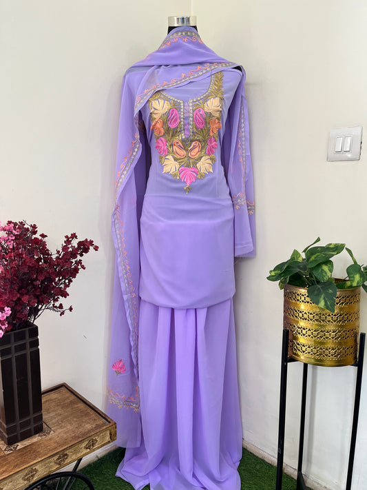 Lavender Georgette 3 Pc Aari Embroidered Suit Setll