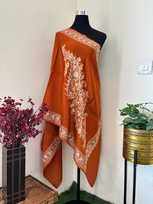 Orange Silk Thread Ambi Aangan Embroidered Fine Semi Pashmina stole
