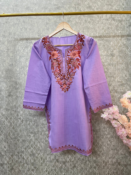 Lavender Cotton Aari Work Kurti
