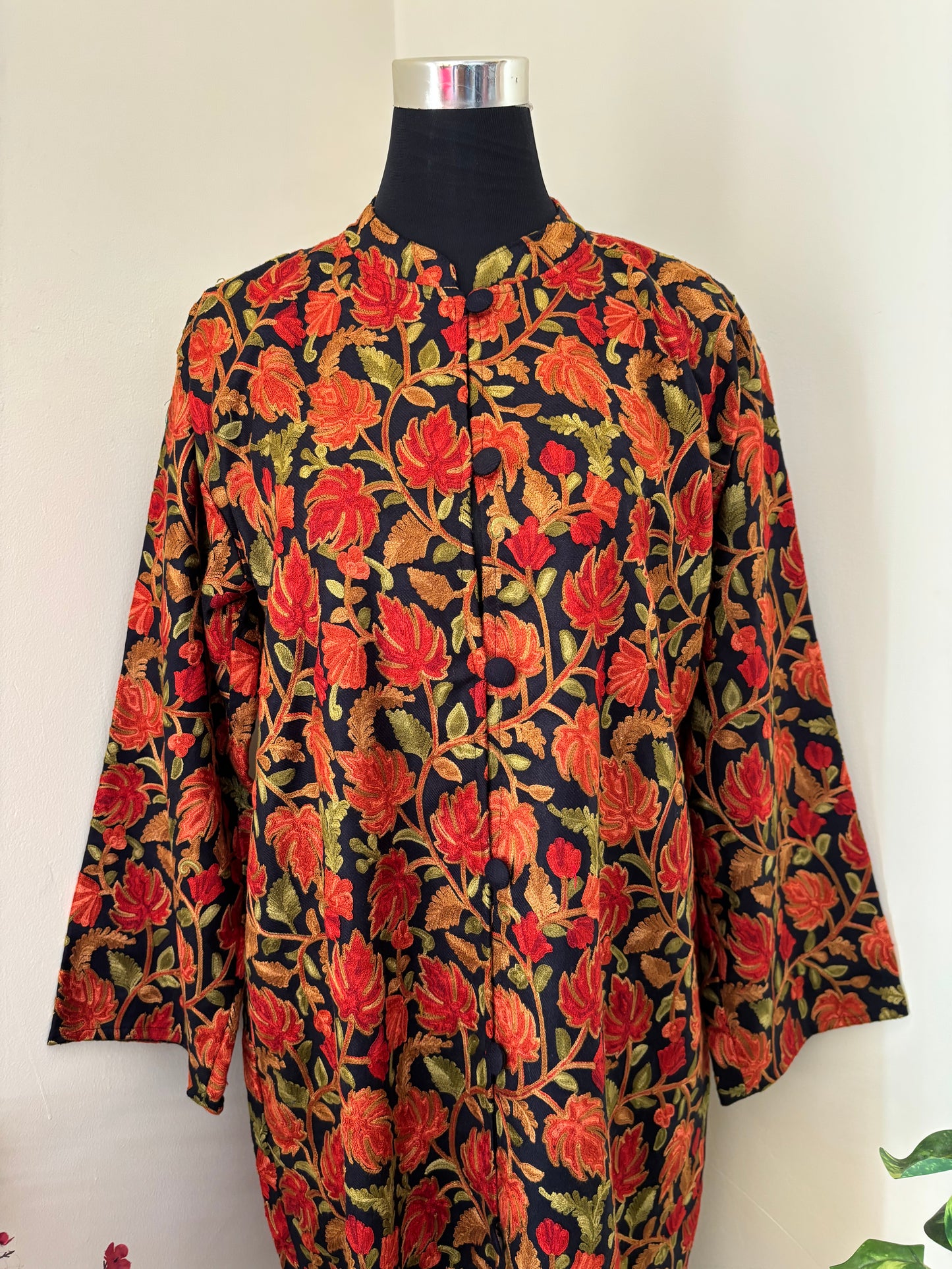 Black Aari Embroidered Pure Wool Jacket XXL