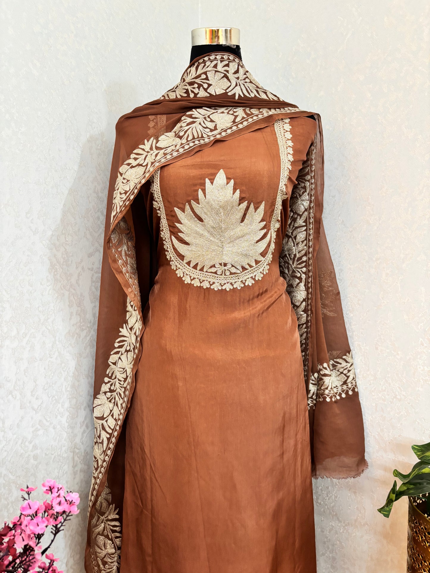 Soft Brown Tilla Kashmiri Silk Suit