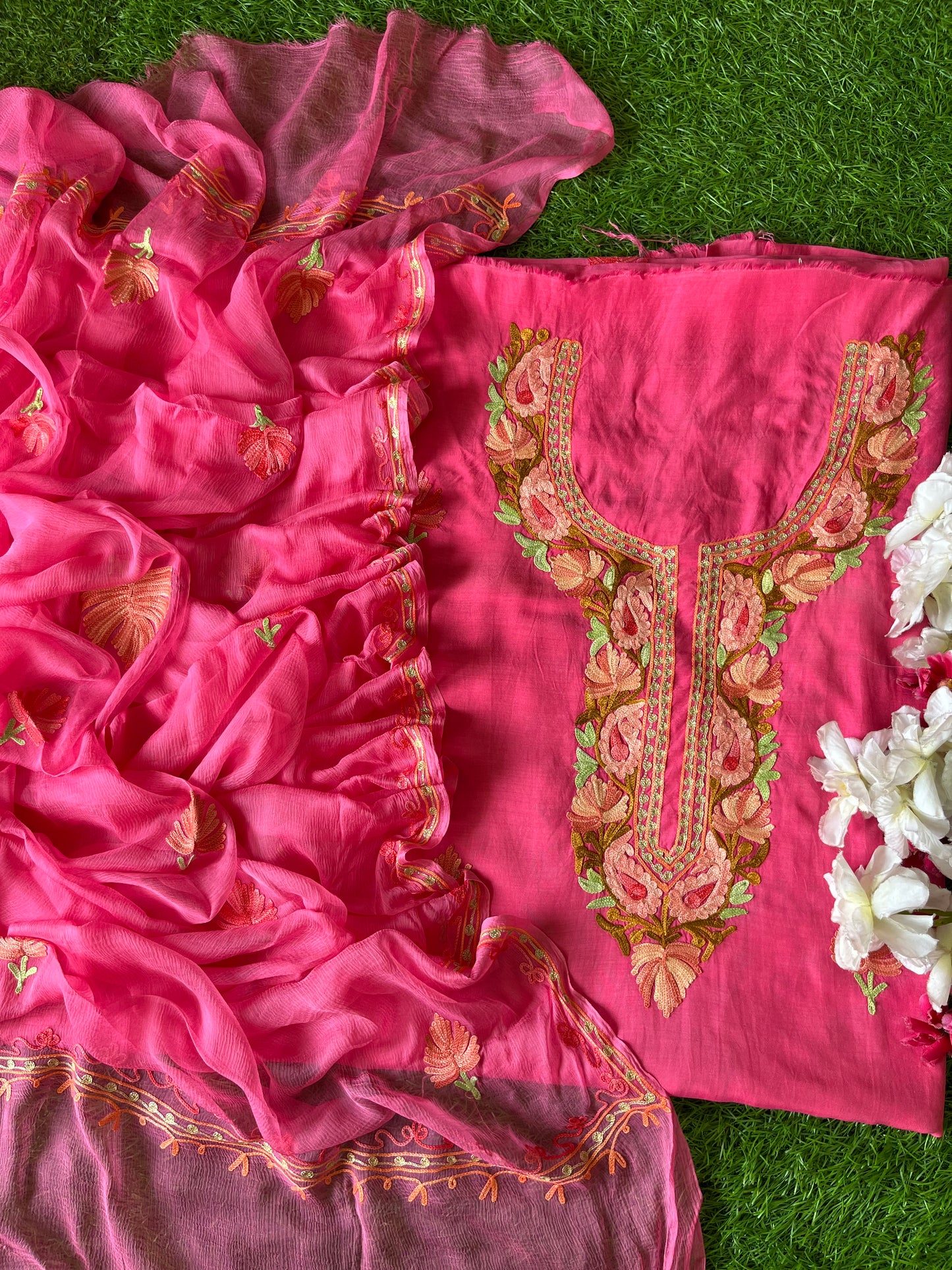 Pink Muslin Cotton Jaal Sleeves Kashmiri 3pc Suit