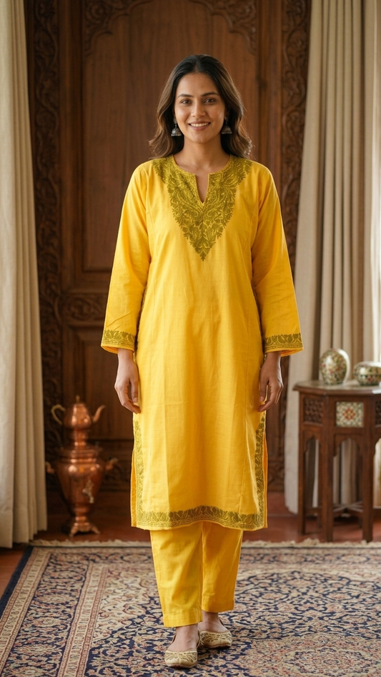 Yellow Cotton Pheran Set (Free Size)