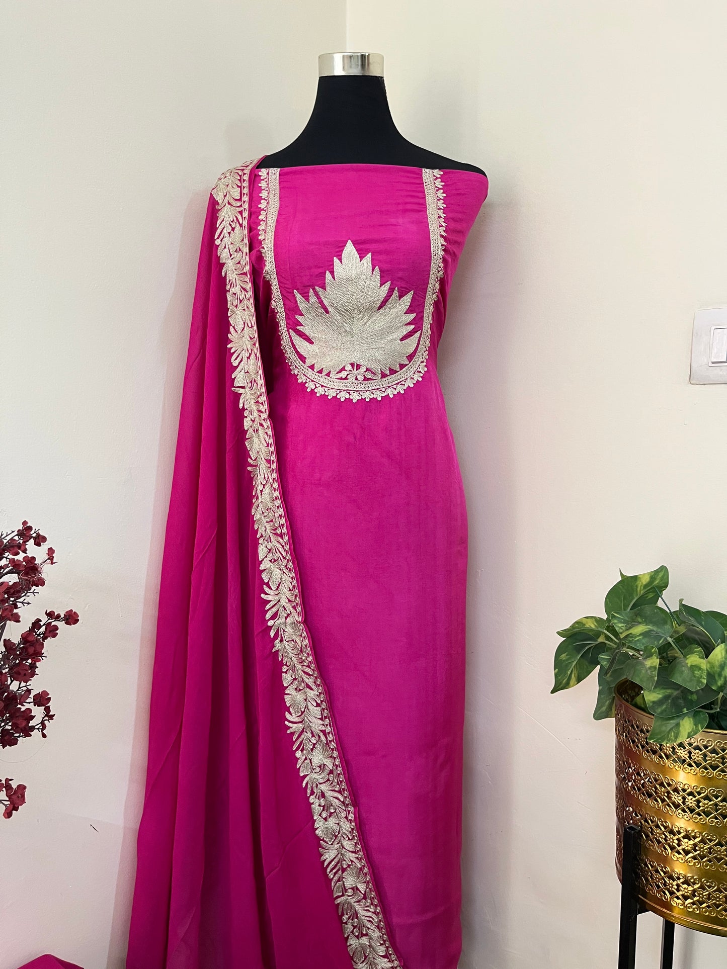 Sanam’ Fuchsia Pink Tilla Embroidered Suit material