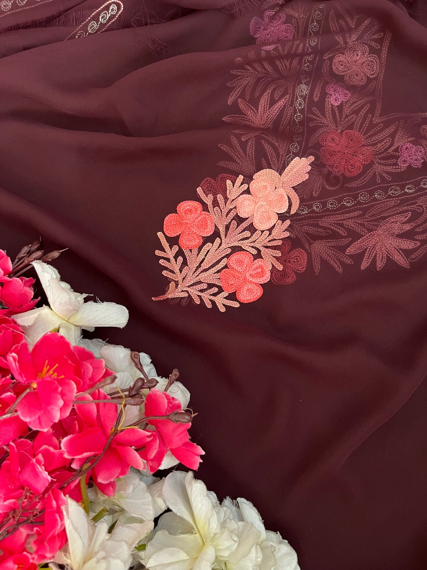Brown Georgette 3 Pc Aari Embroidered Suit Set