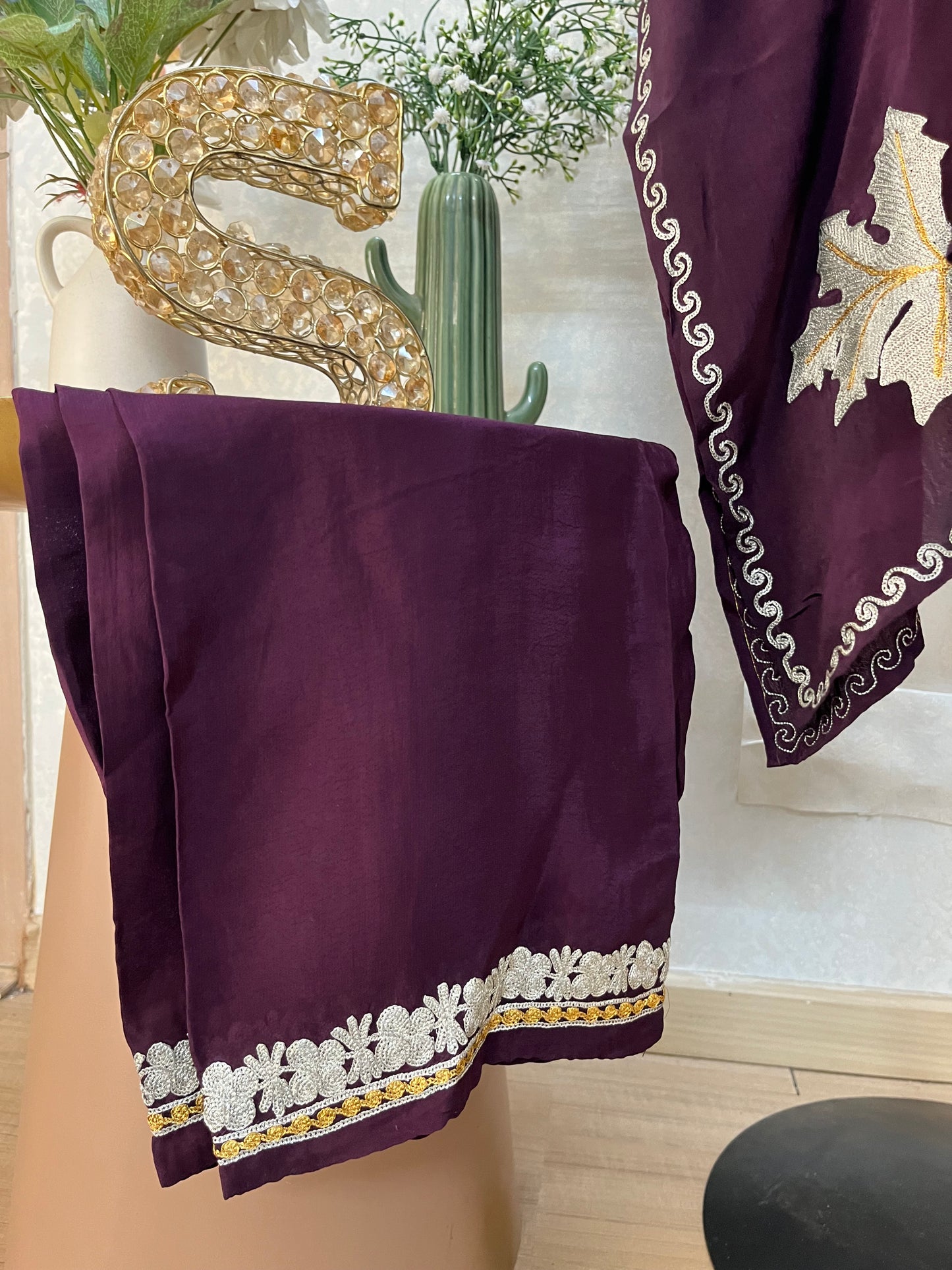 Wine Crape Kashmiri Kaftan Set