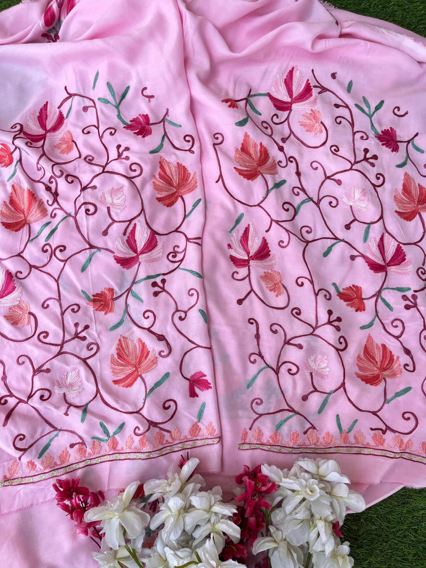 Soft Pink Muslin Cotton Jaal Sleeves Kashmiri 3pc Suit