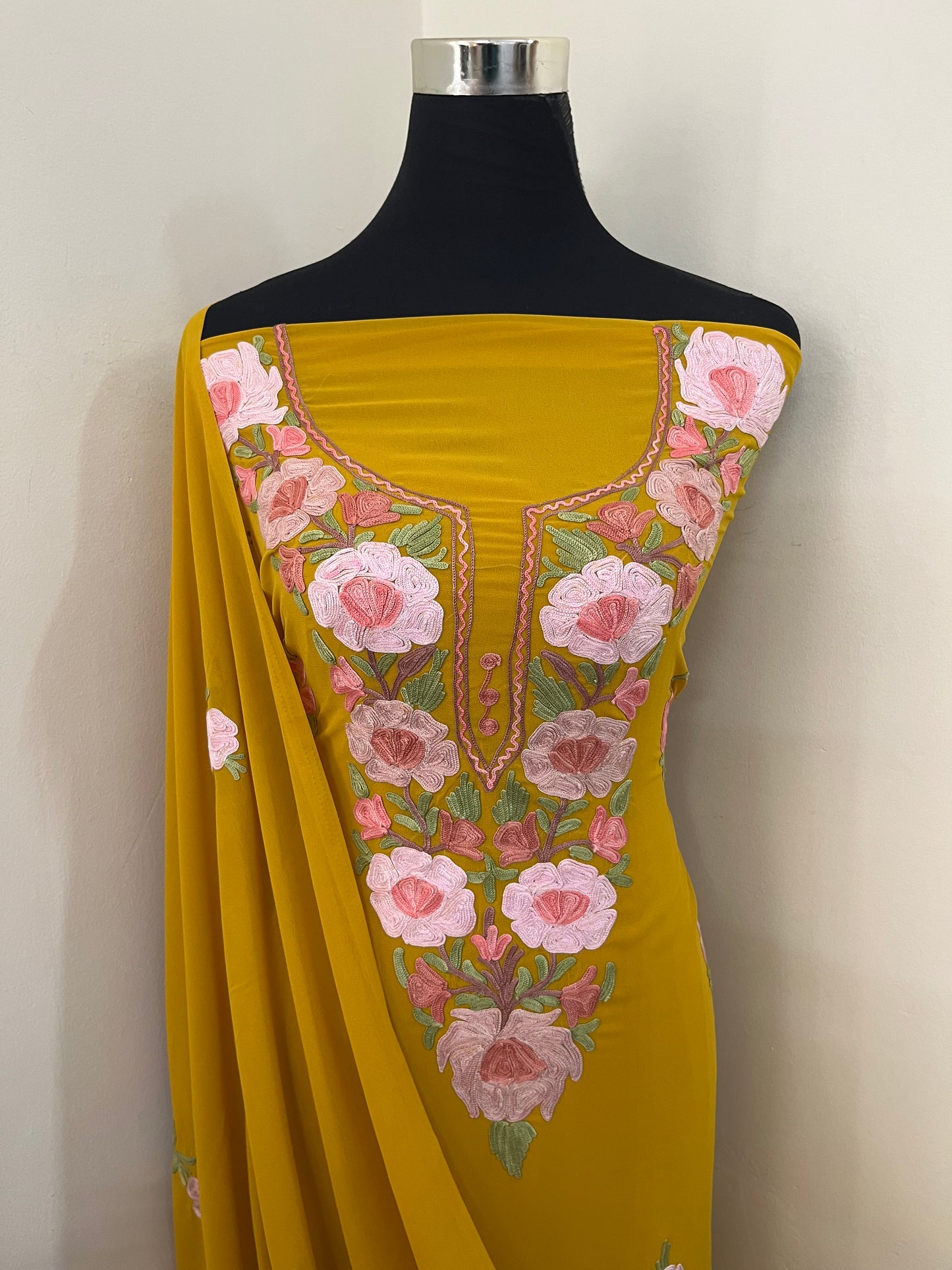 Mustard Georgette 3 Pc Aari Embroidered Suit