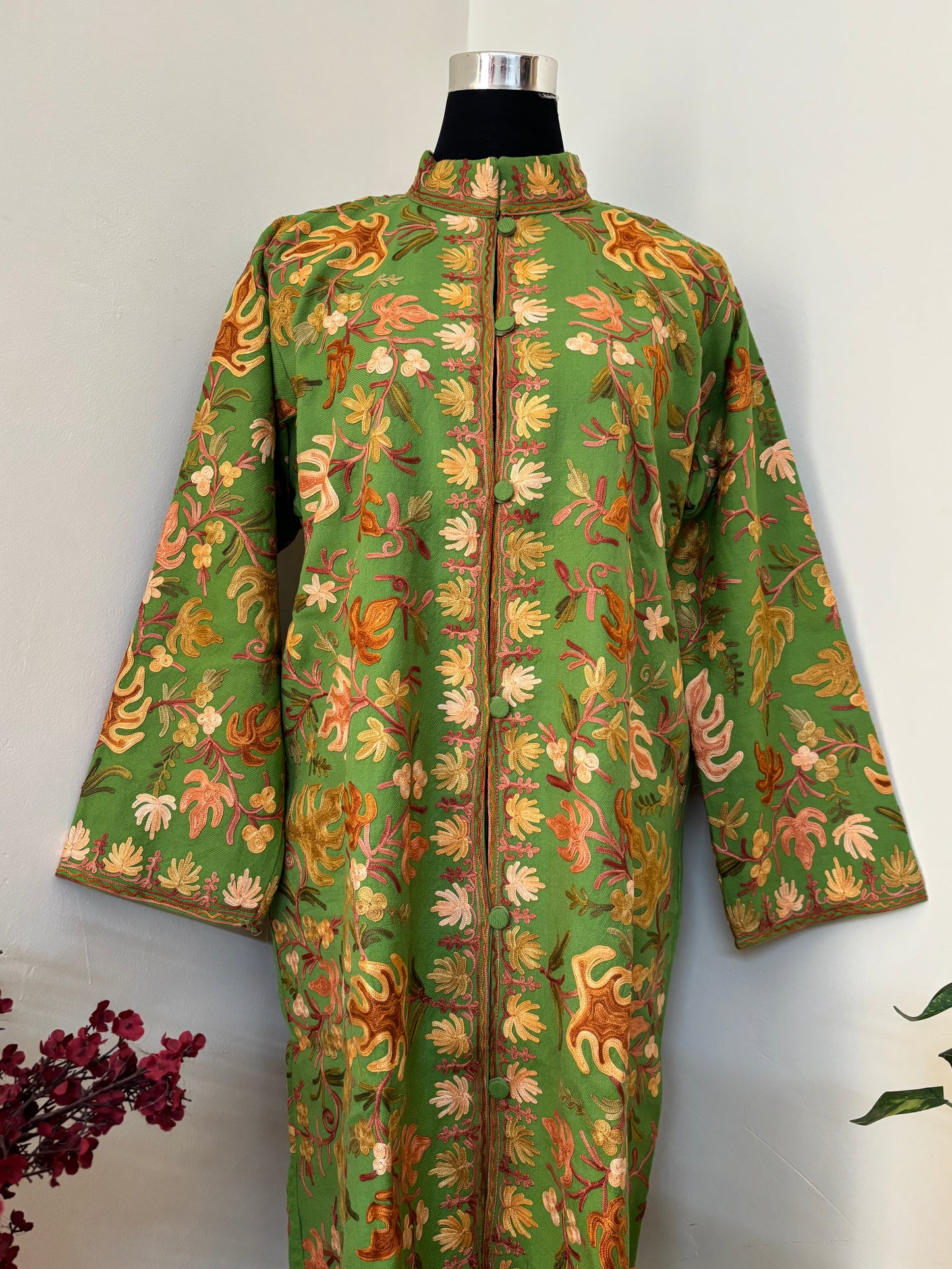 Henna Green Aari Embroidered Pure Wool Jacket XXL