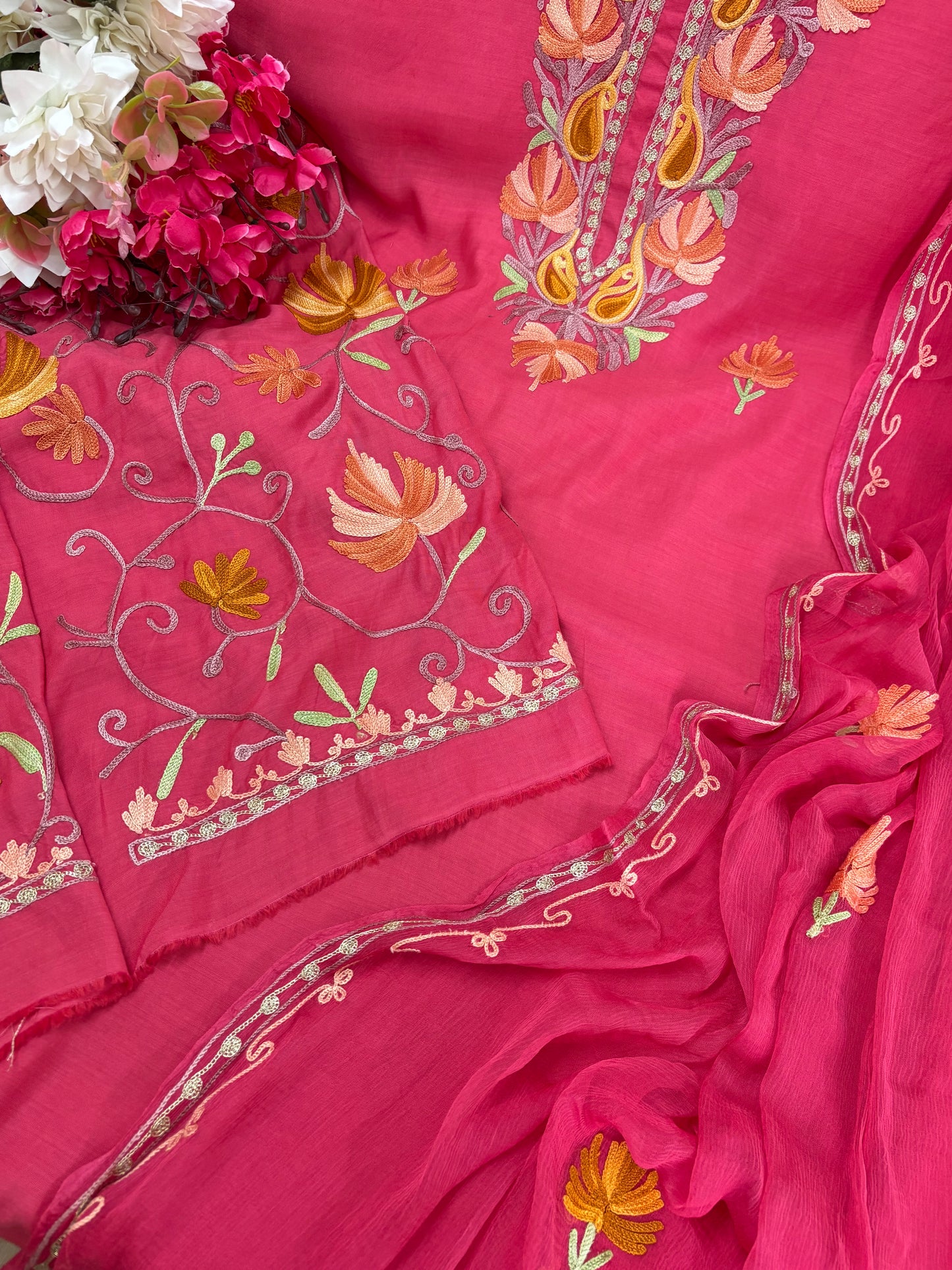 Pink Muslin Cotton Jaal Sleeves Kashmiri 3pc Suit