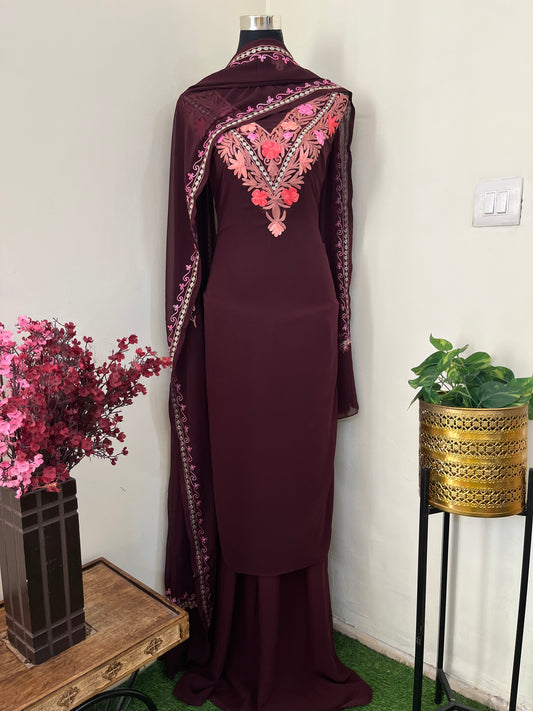 Brown Georgette 3 Pc Aari Embroidered Suit Set