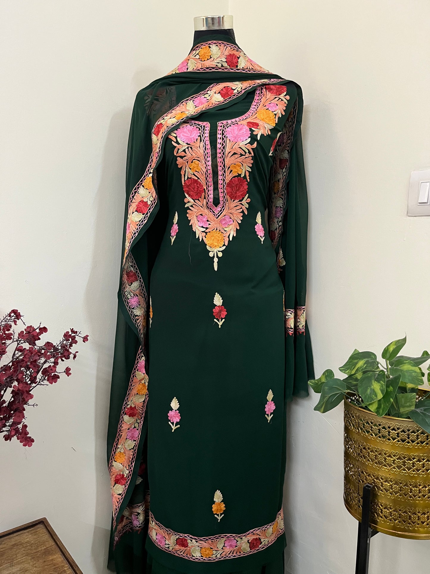 Bottle Green Georgette 3 Pc Aari Embroidered Suit Set