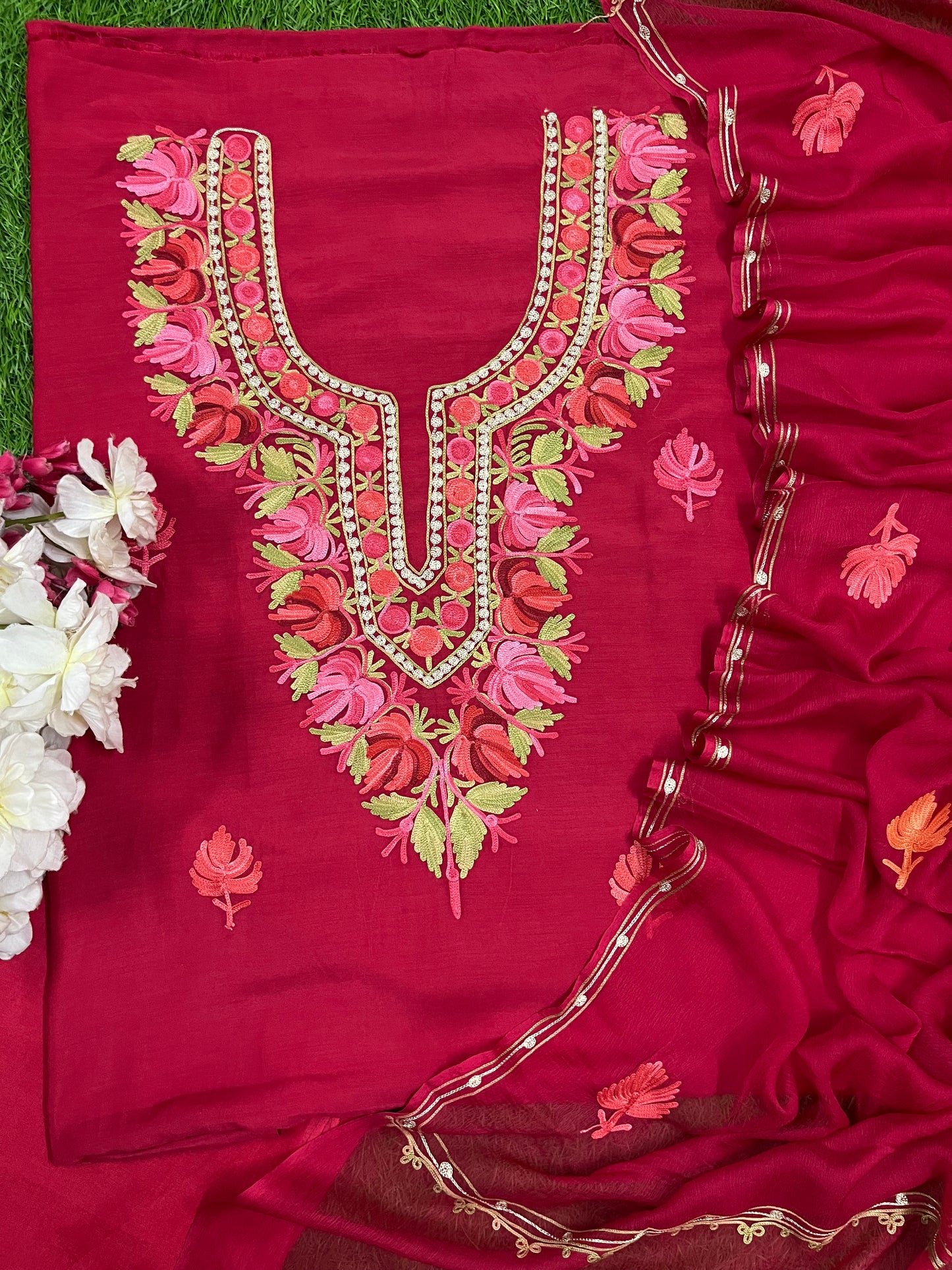 Red Muslin Cotton Aari Embroidered 3pc set
