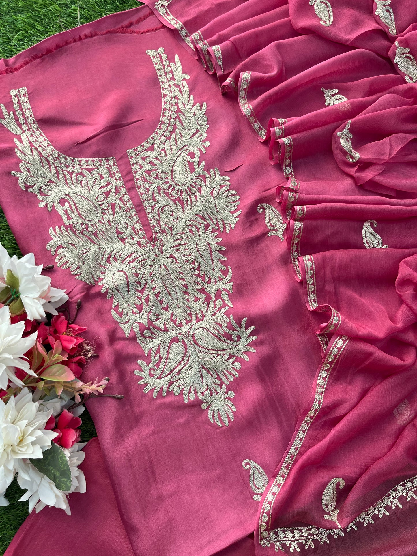 Onion Pink Silk Tilla Kashmiri Suit