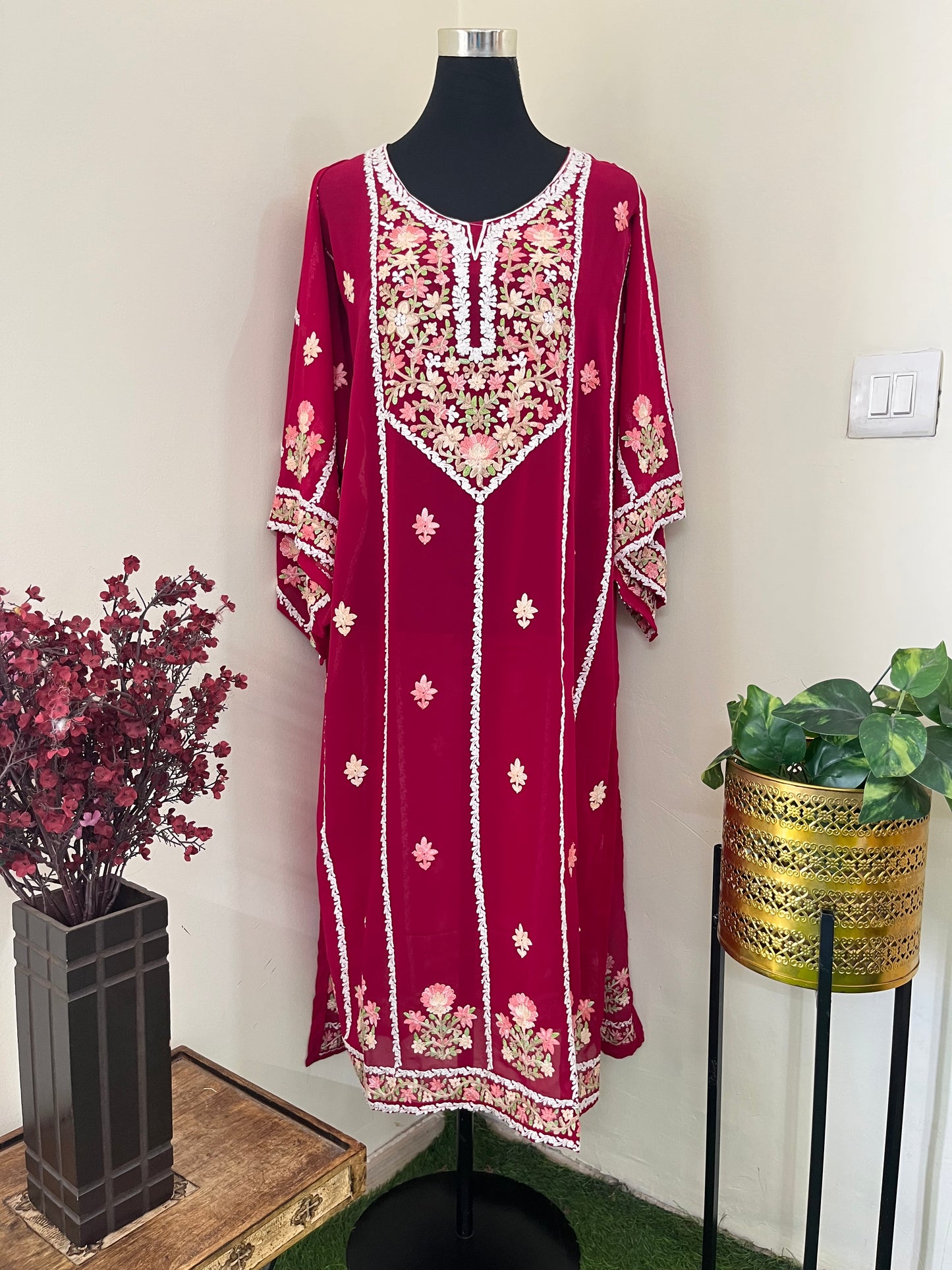 Hot Pink Georgette All over Work Aari Embroidered Unstitched Kurta