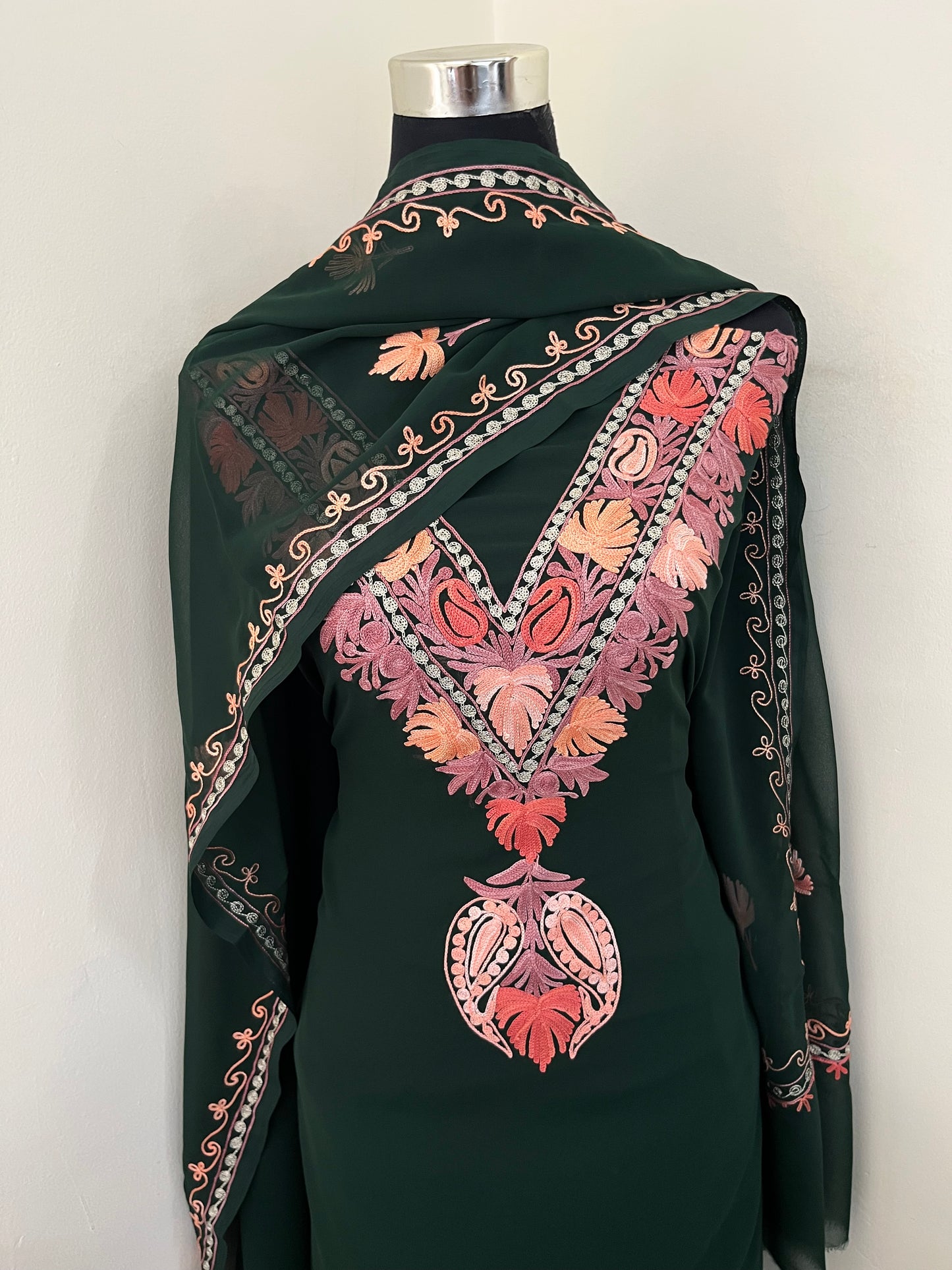 Bottle Green Georgette 3 Pc Aari Embroidered Suit Set