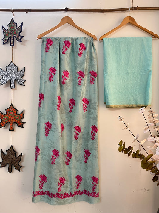 Mint Green Self Work Satin Cotton Unstitched Co-ord Set