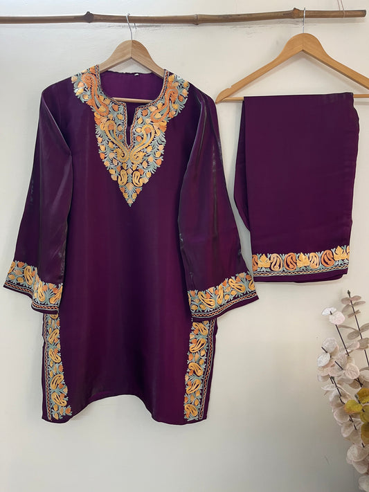 Wine Shimmer Silk Stitched Co-ord Set (Free Size /44 inches)