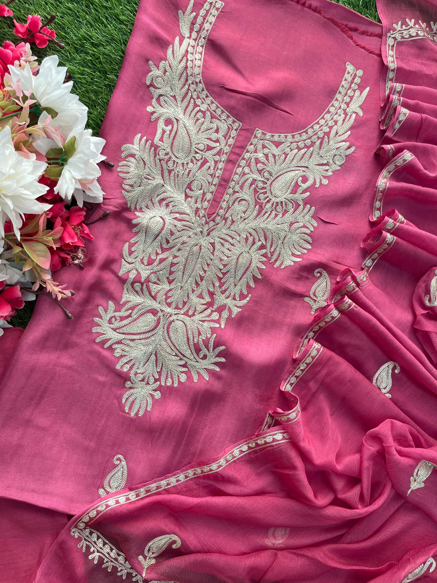 Onion Pink Silk Tilla Kashmiri Suit
