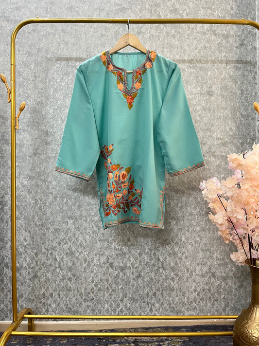 Sky Blue Cotton Aari Work Kurti