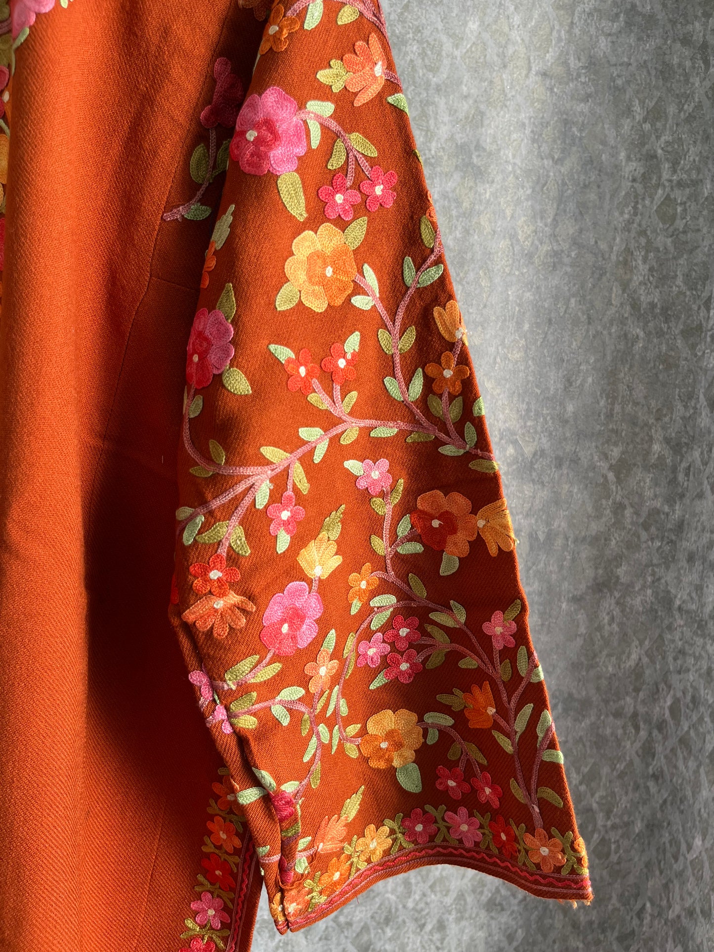 Orange Aari Embroidered Wool Pheran