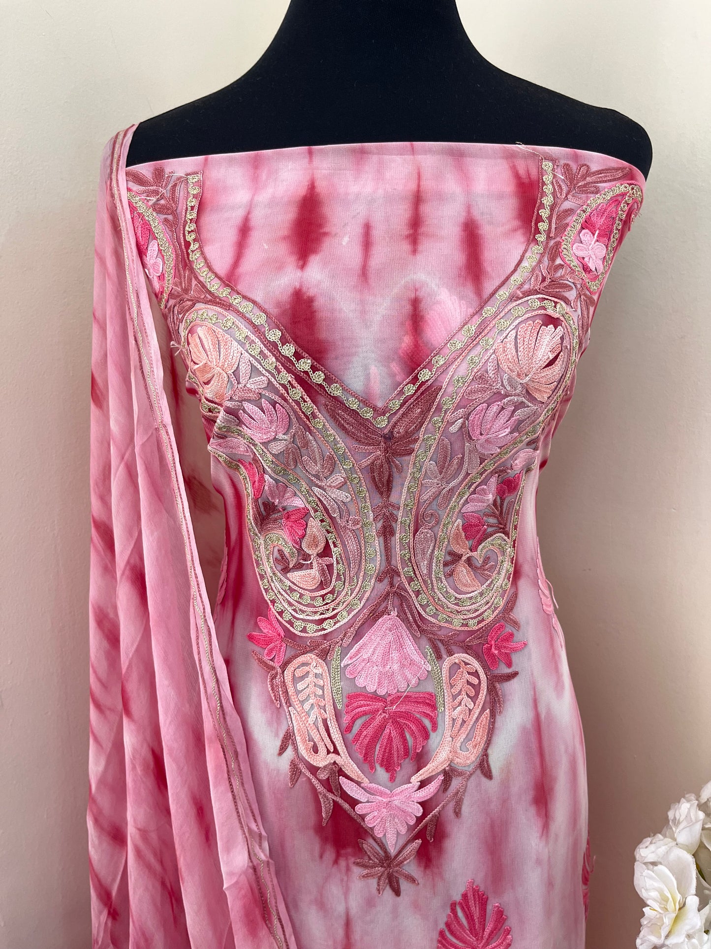 Rose Pink Pure Georgette Ty Dy Kashmiri Suit