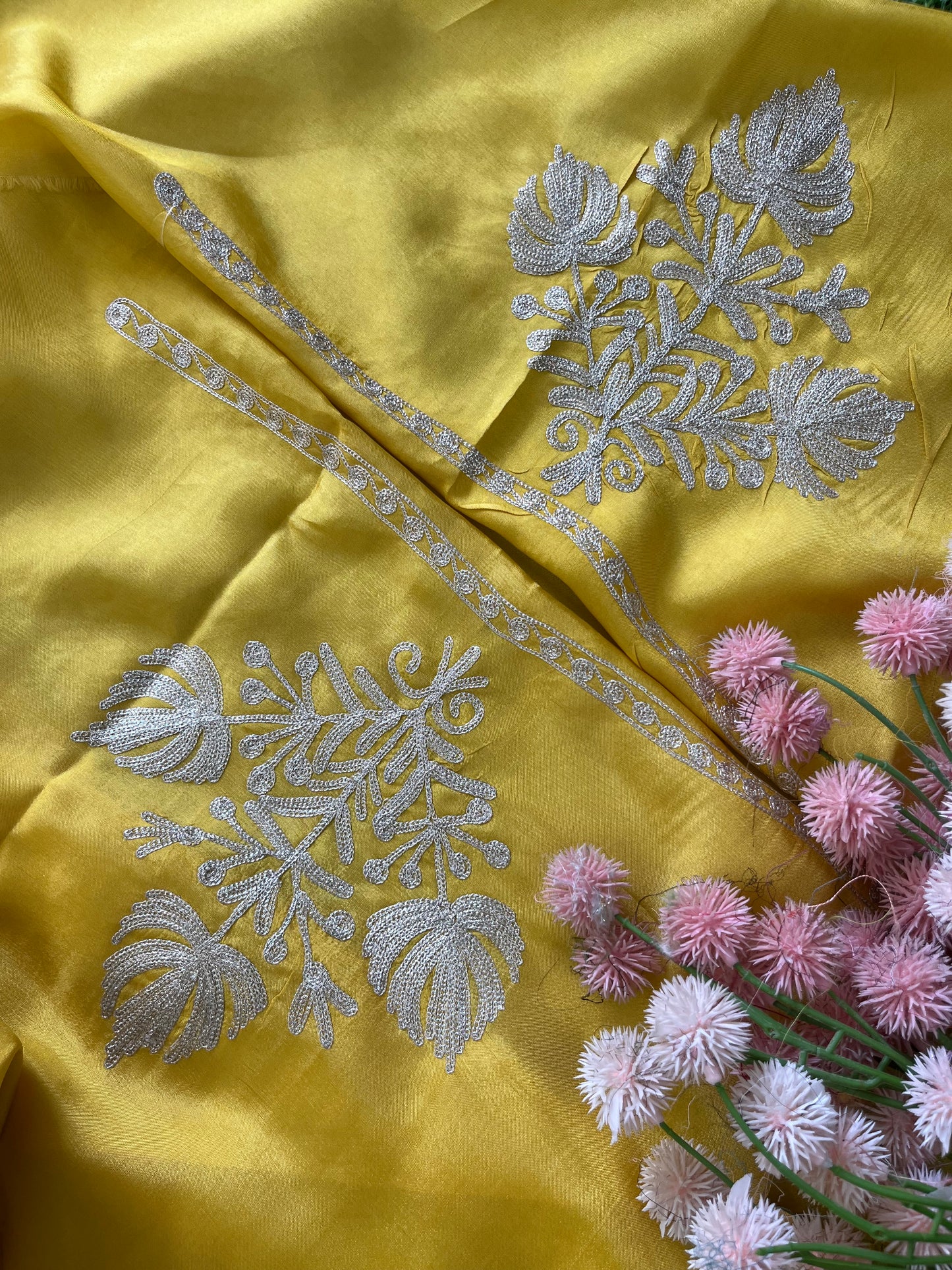 Sanam Golden Yellow Silk Kashmiri Suit with Potli