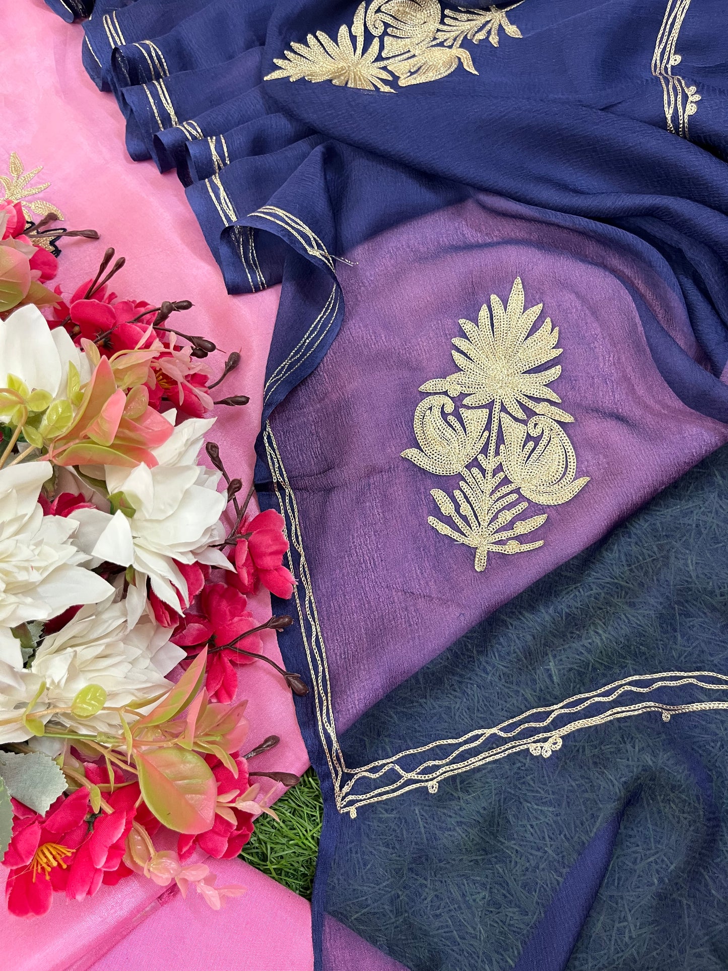 Pink Silk Aari Tilla Fusion Suit