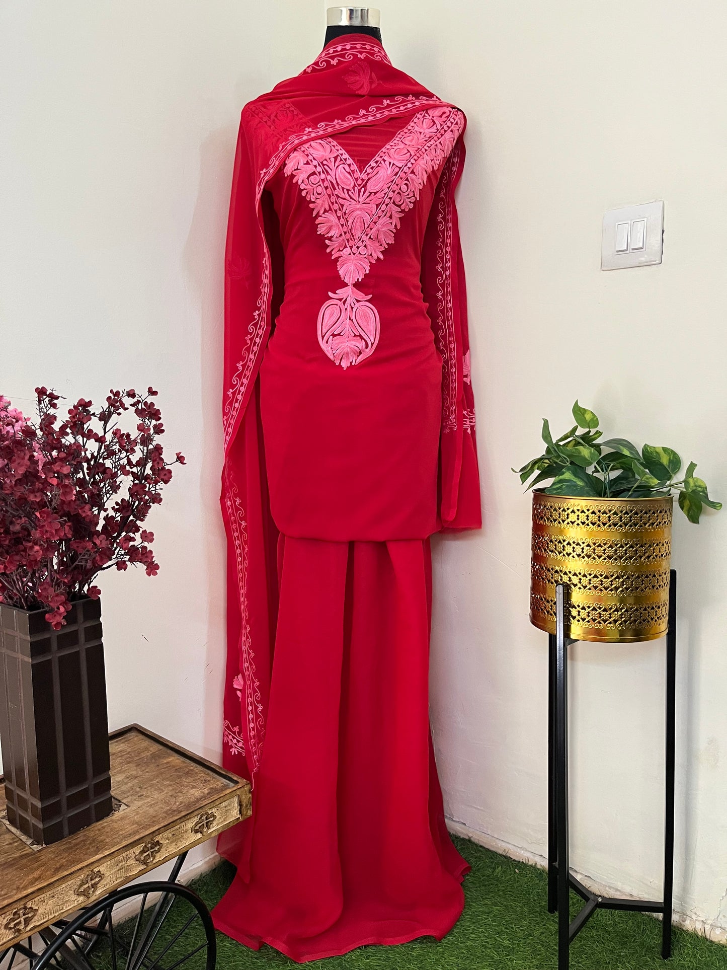 Red Georgette Red 3 Pc Aari Embroidered Suit Set