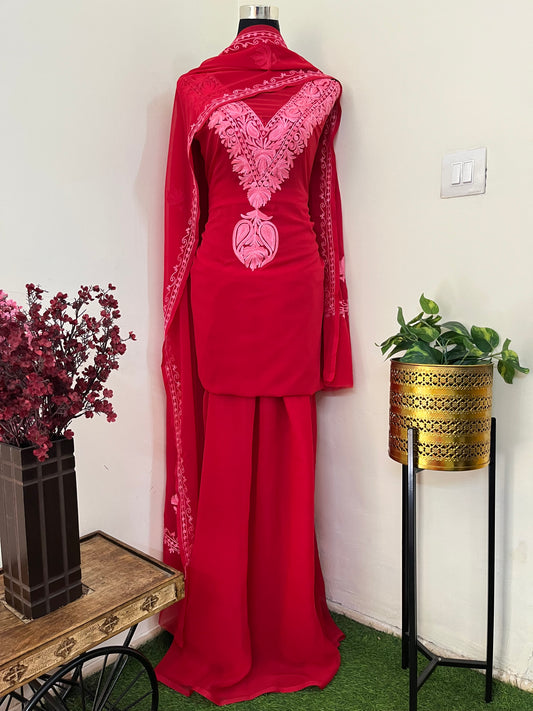 Red Georgette Red 3 Pc Aari Embroidered Suit Set