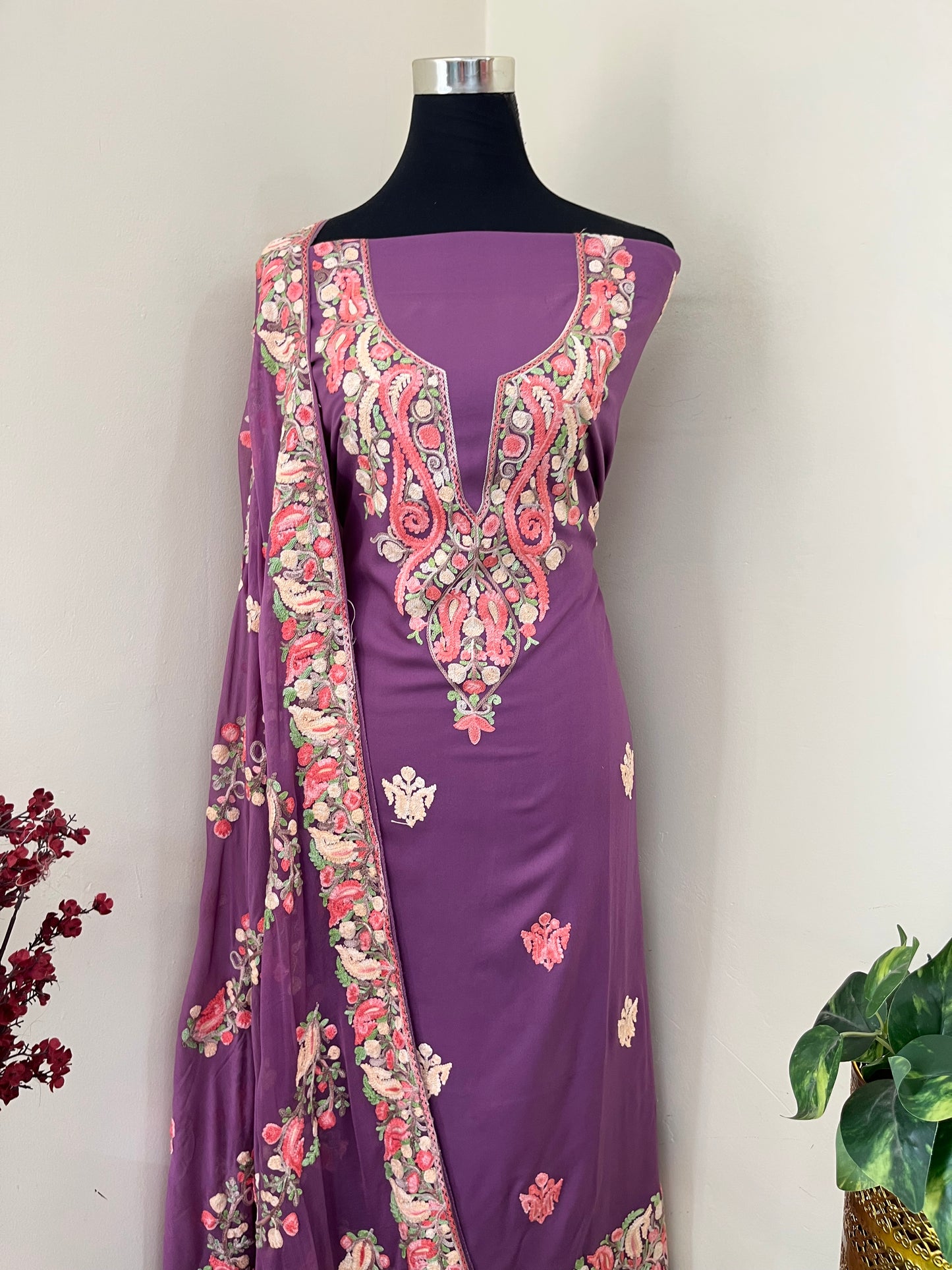 Lavender Rayon Cotton Kashmiri 3pc set