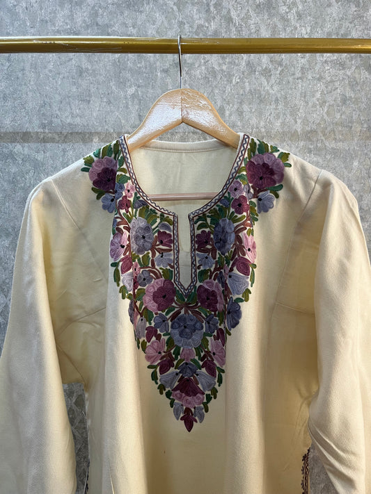 Off White Aari Embroidered Wool Pheran