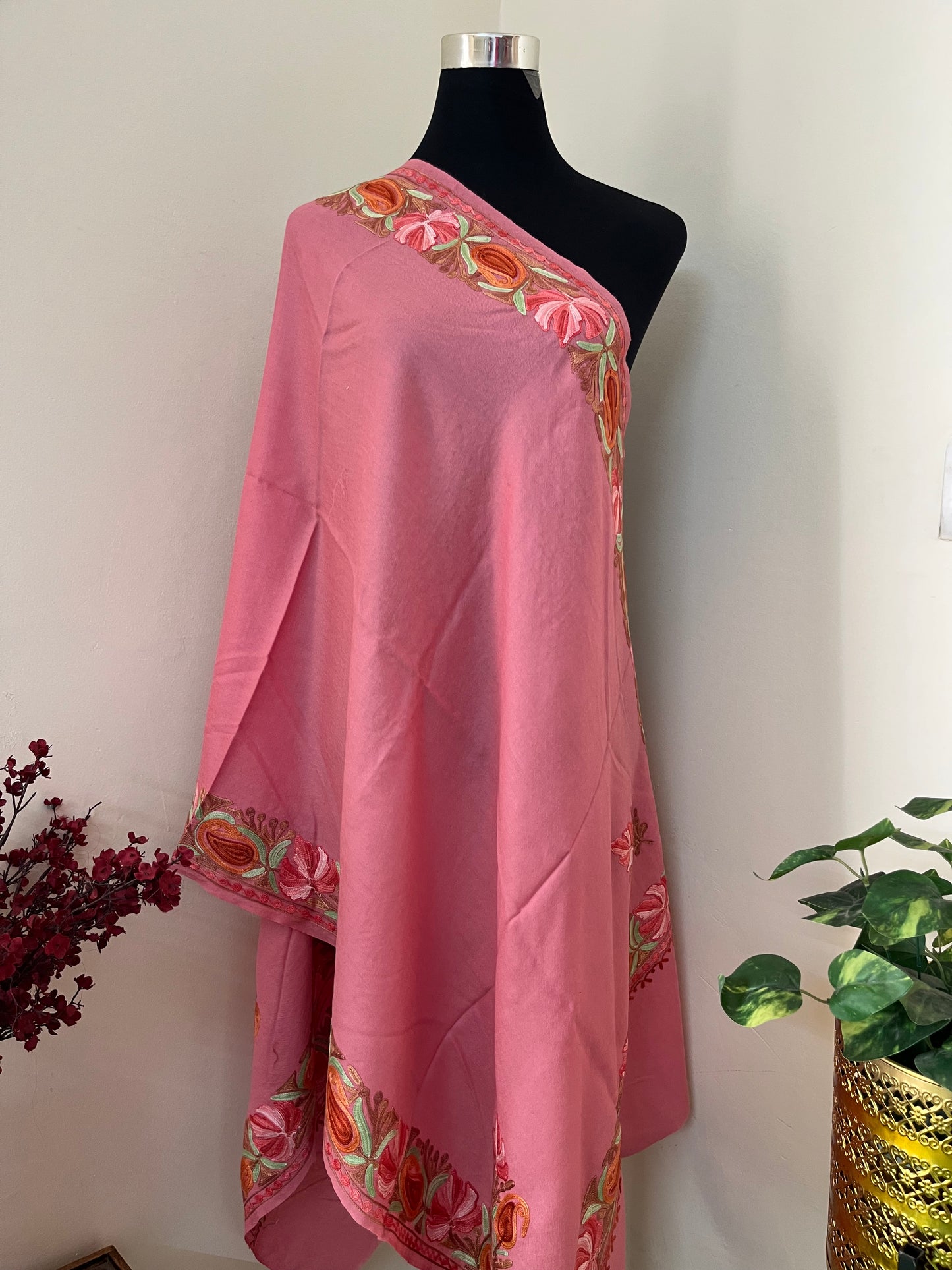 Soft Pink Fine Semi Pashmina Aari Embroidered stole