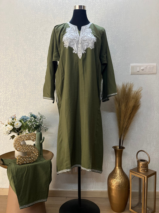 Henna Green Cotton Kashmiri Pheran Set (46)