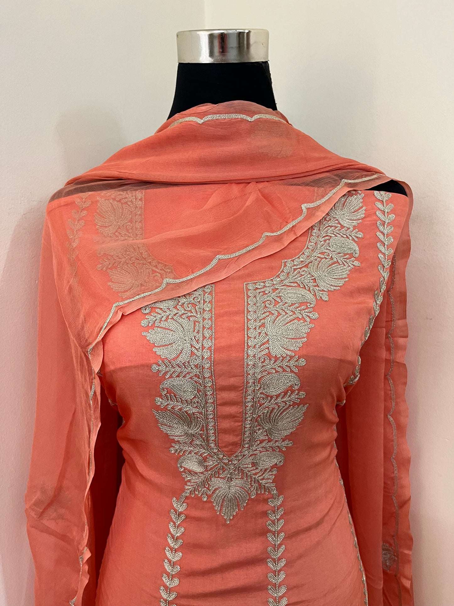 Sanam’ Peach Silk Tilla Embroidered Suit material