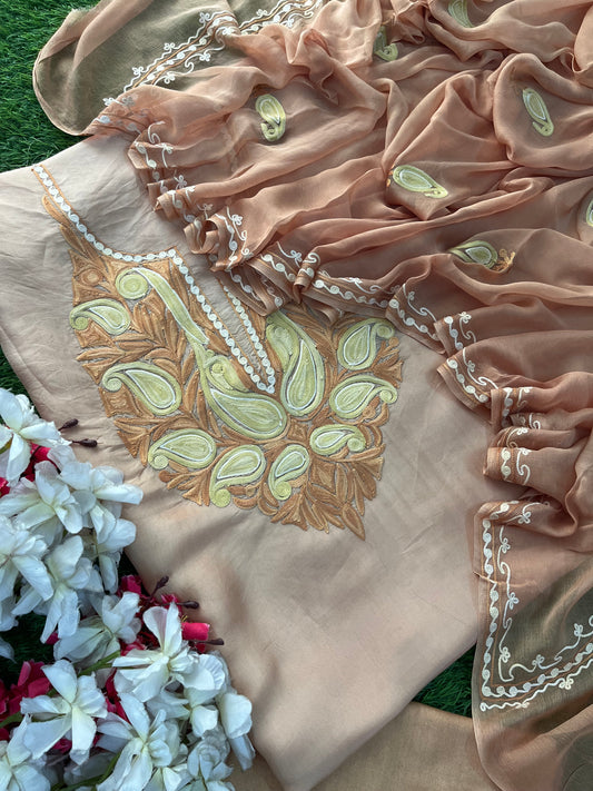 Beige Opada Silk Kashmiri Suit
