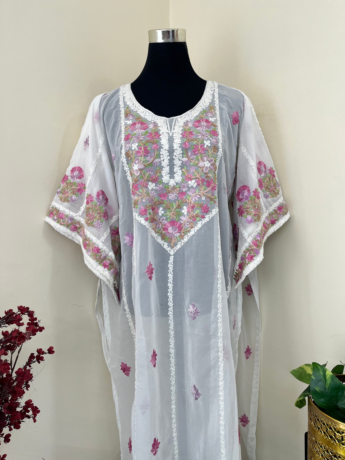 Off White Georgette All over Work Aari Embroidered Unstitched Kurta