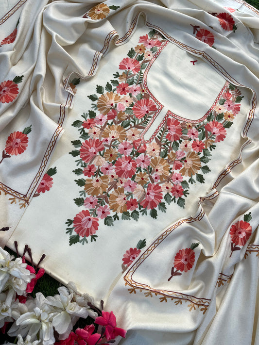 Off White Woollen Aari Embroidered 3pc suit