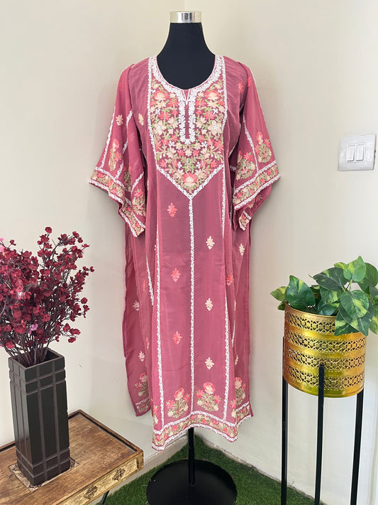 Pink Georgette All over Work Aari Embroidered Unstitched Kurta