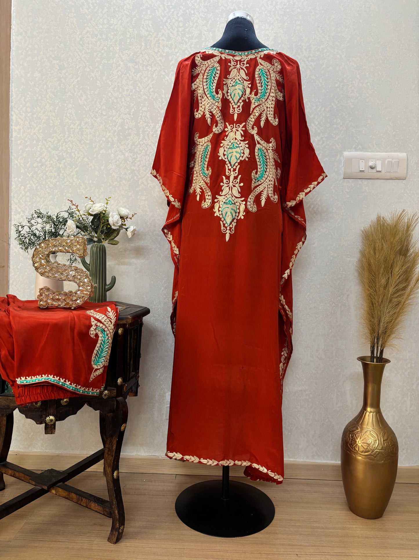 Rust Crape Front Back Kashmiri Kaftan Set