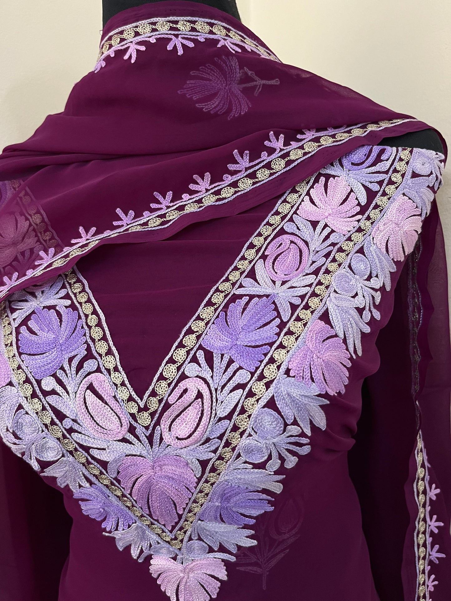 Wine Georgette 3 Pc Aari Embroidered Suit Set