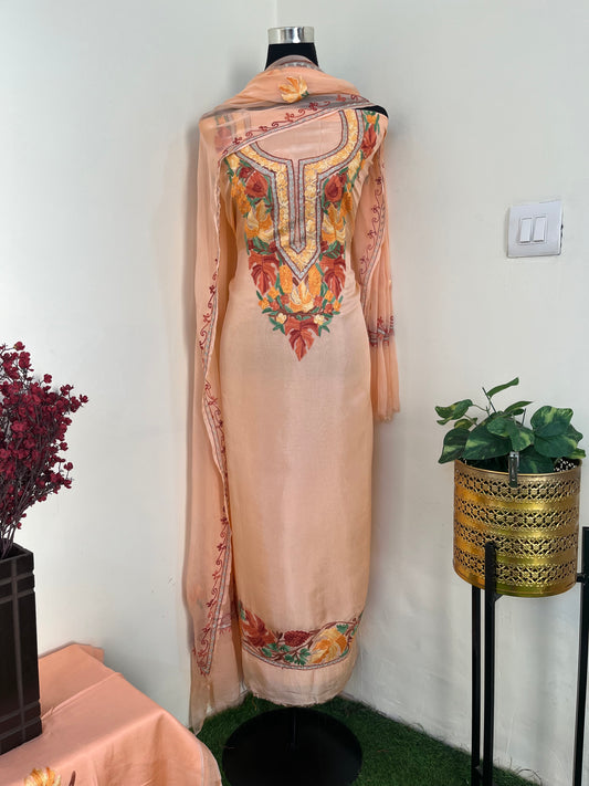 Peach Opada Silk Aari Embroidered Suit material