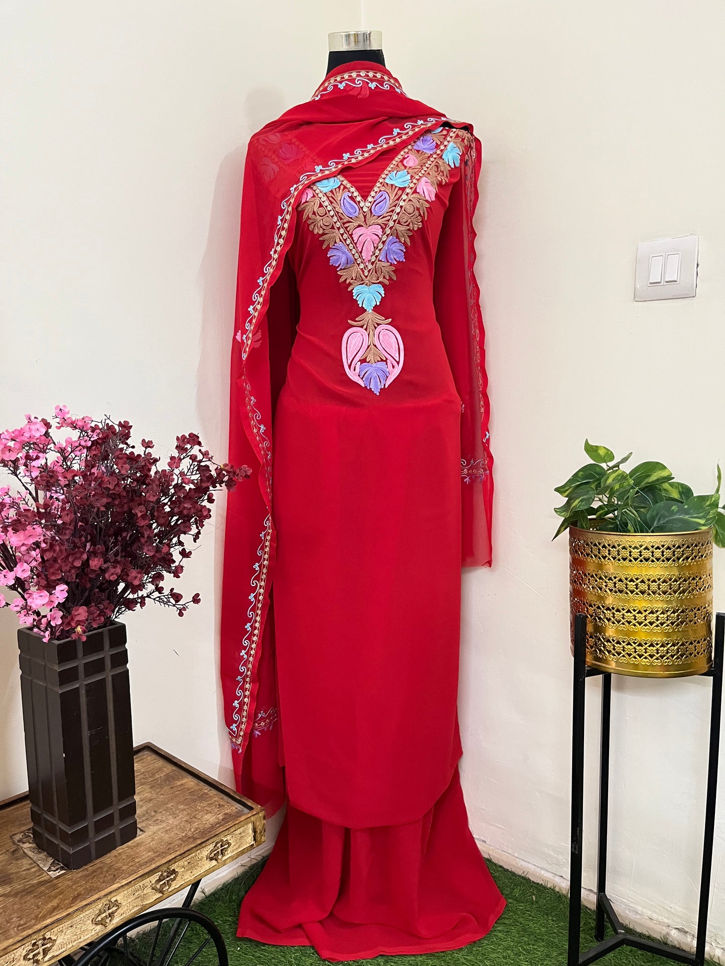Red Georgette 3 Pc Aari Embroidered Suit Set