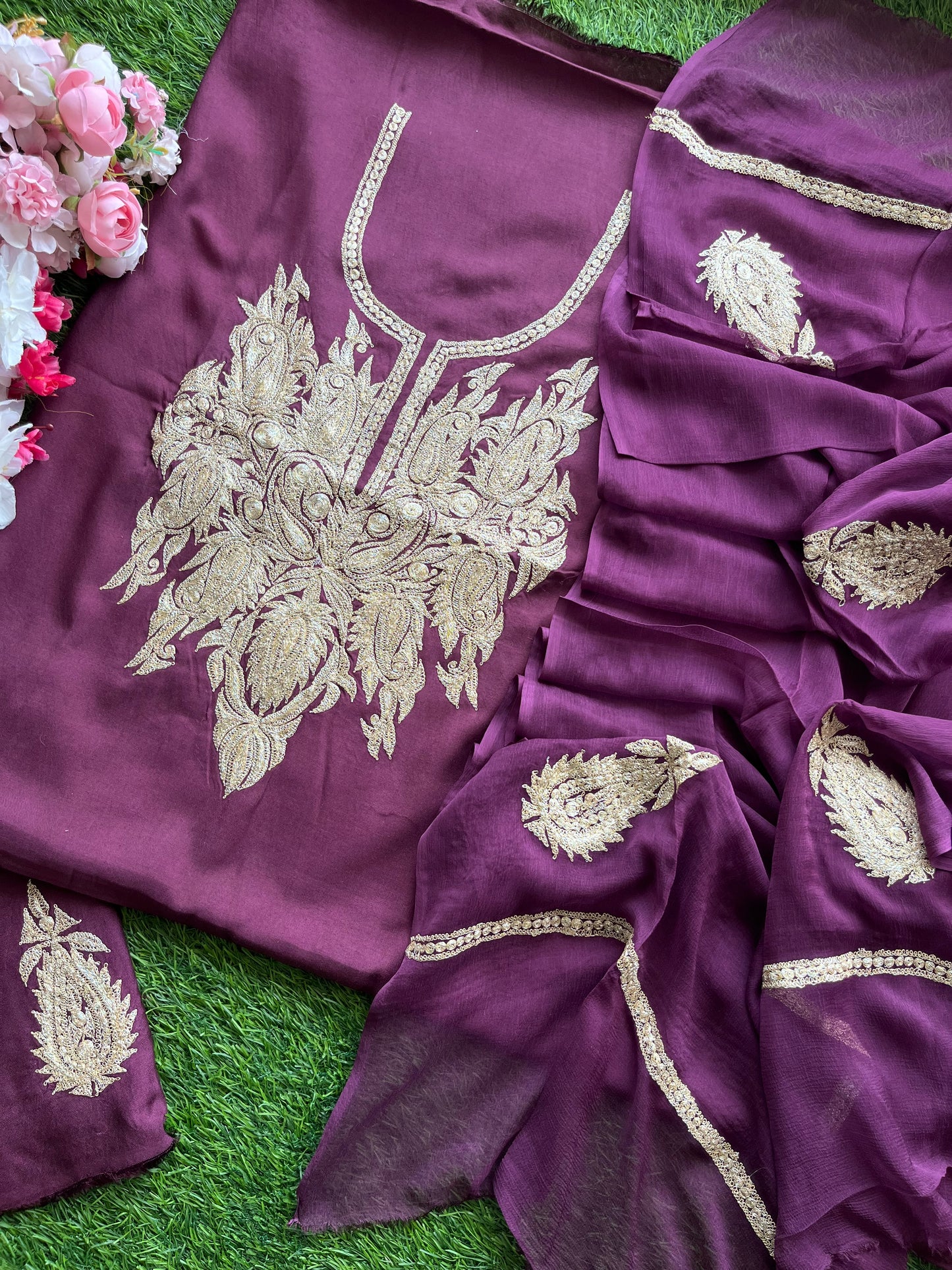 ‘Kalaa’ Wine Muslin Silk Tilla Embroidered Suit material