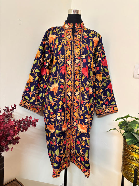 Navy Blue Aari Embroidered Pure Wool Jacket XXL