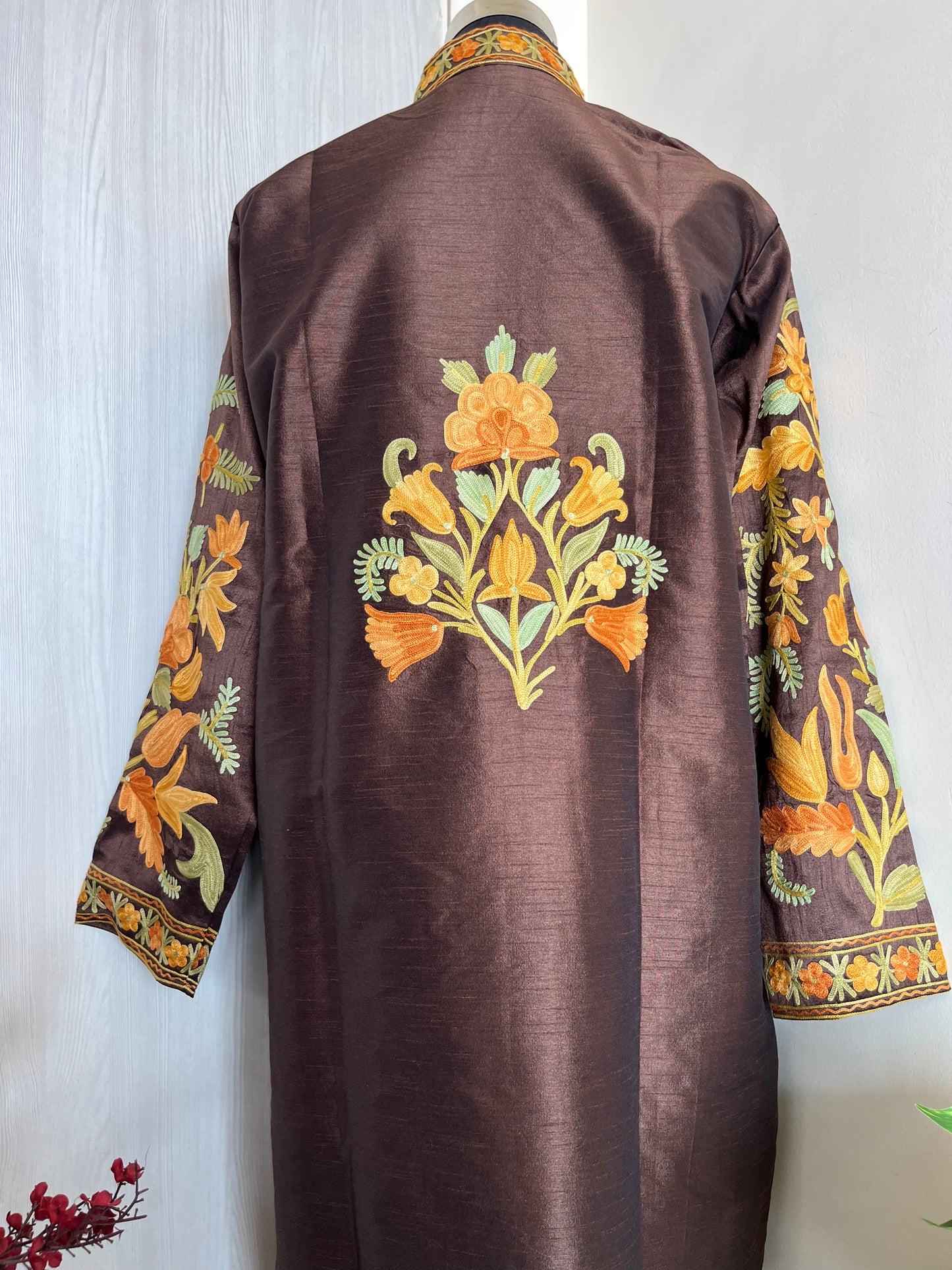 Chocolate Brown Aari Embroidered Silk Jacket