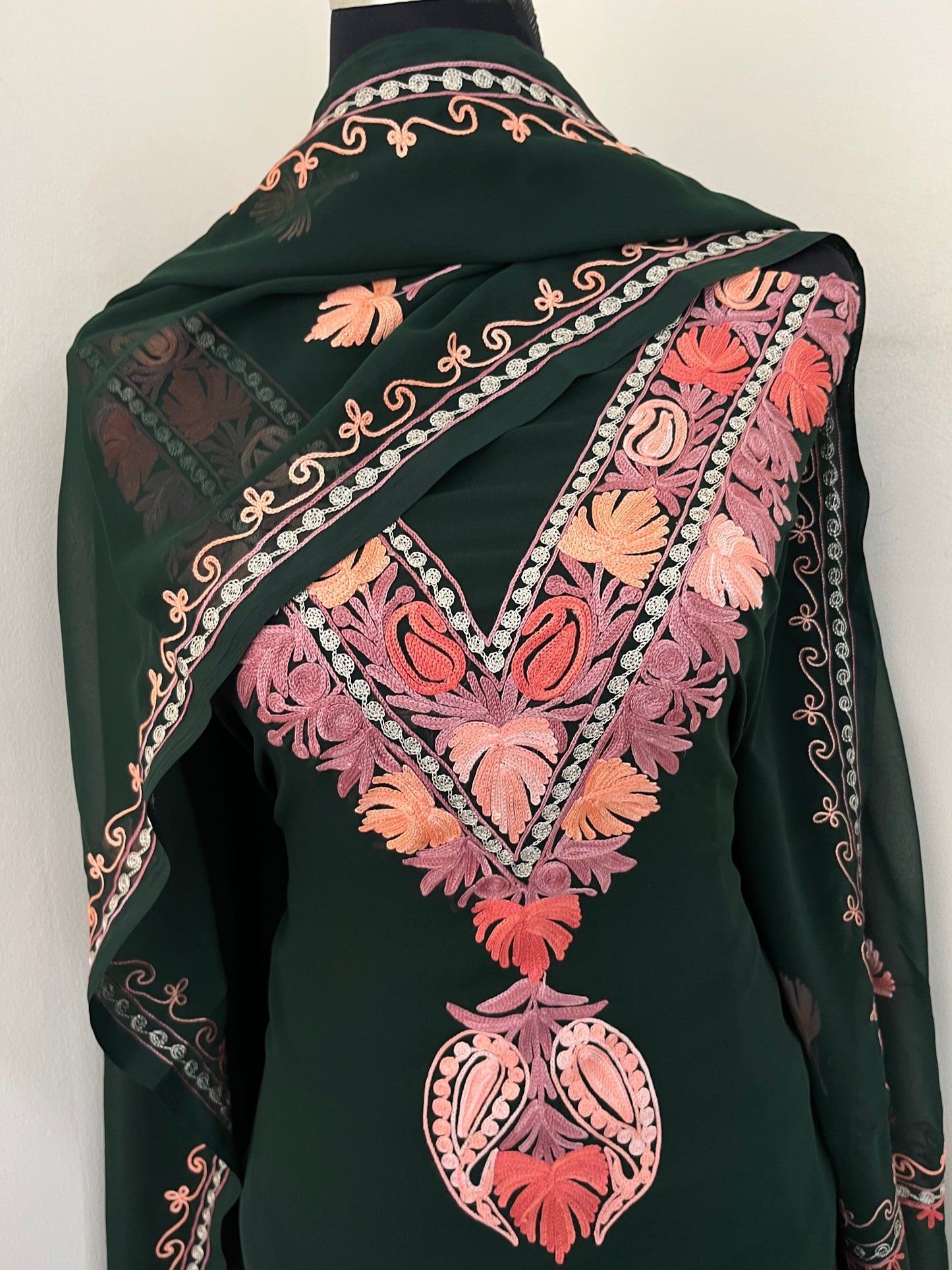 Bottle Green Georgette 3 Pc Aari Embroidered Suit Set