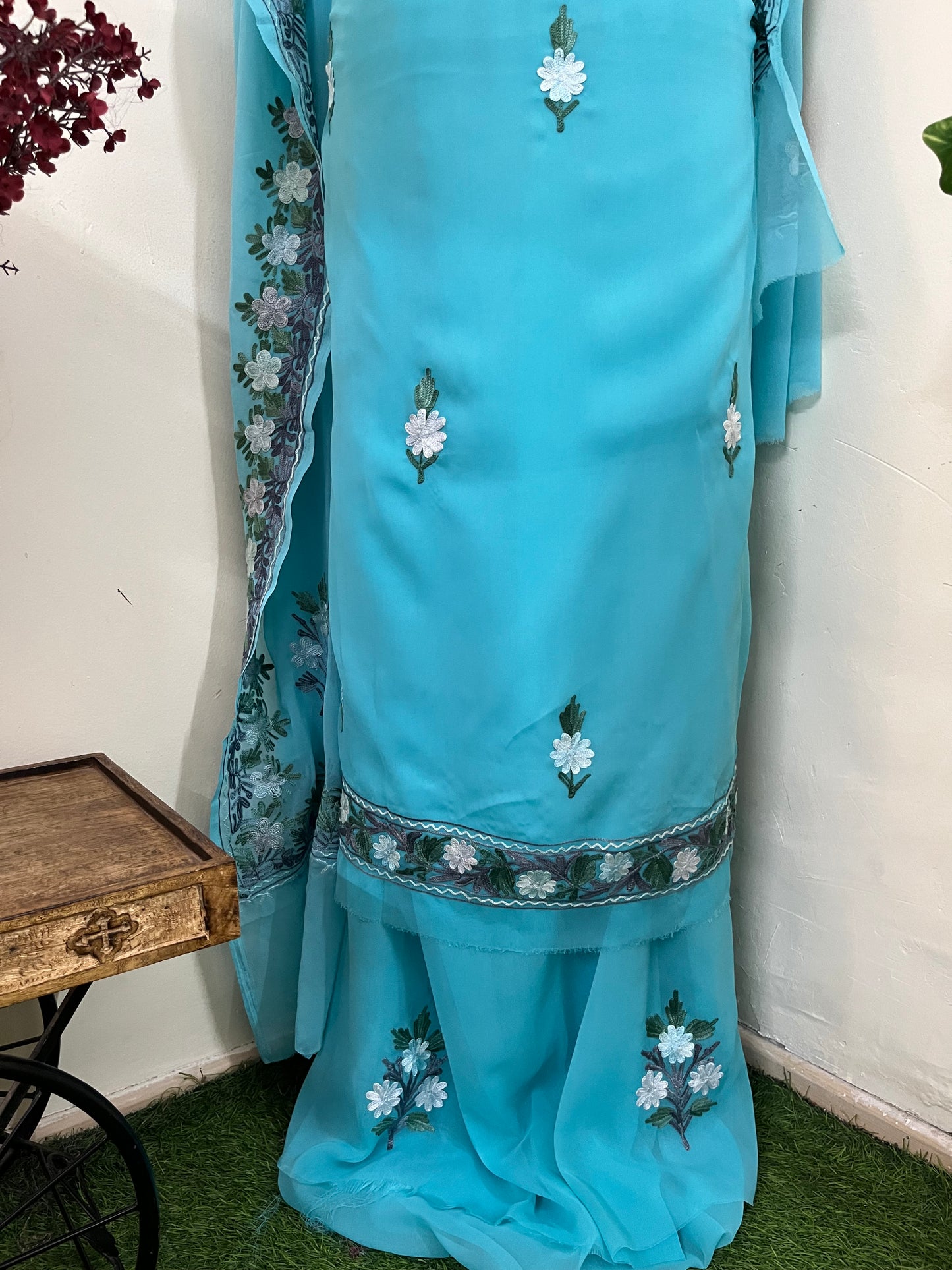 Sky Blue Georgette 3 Pc Aari Embroidered Suit Set